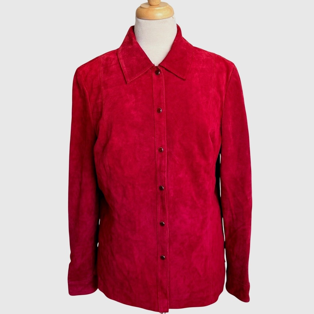 Investments Shacket Sz Lg Genuine Leather Suede Blazer Red Button Down‎